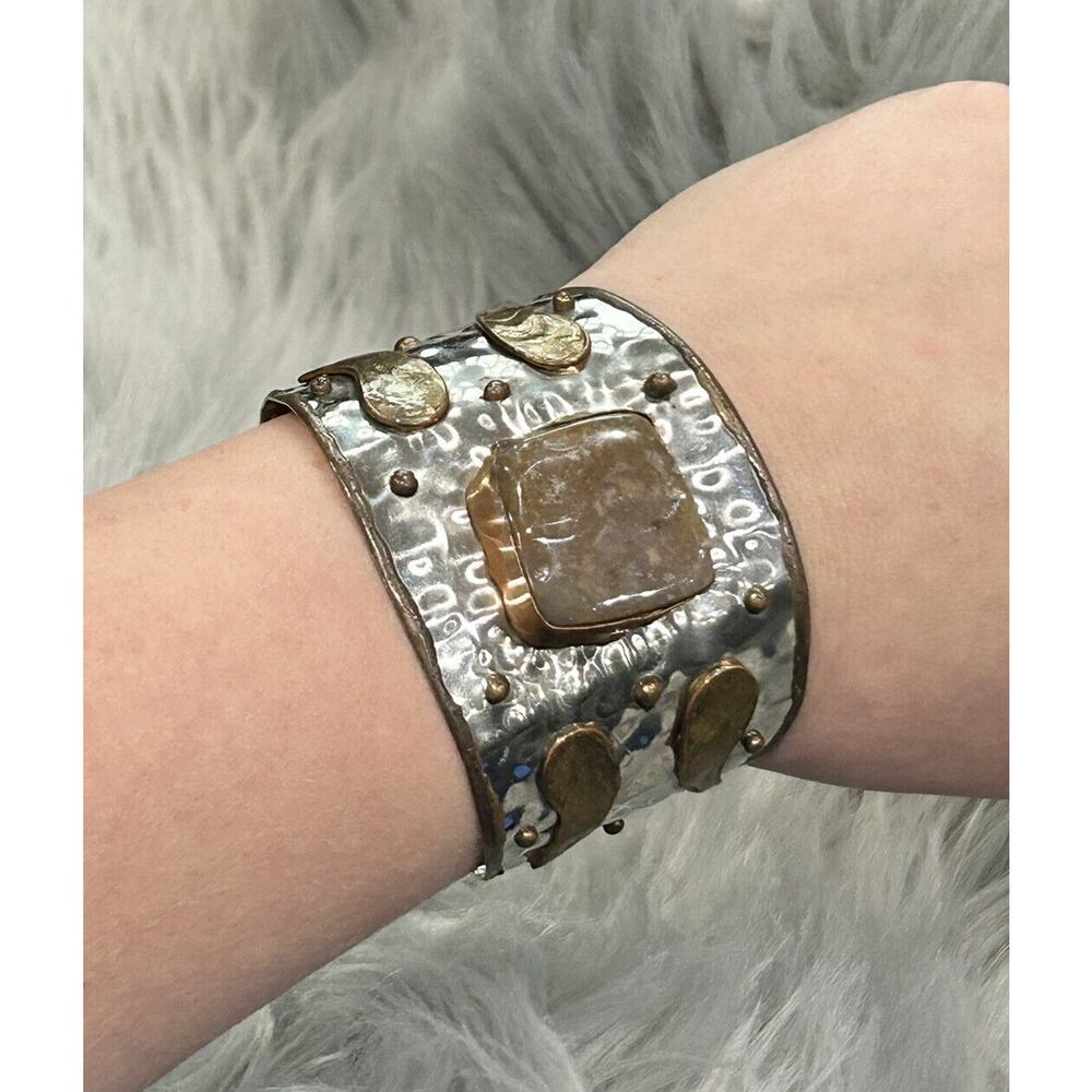 Artisan Boho Statement Cuff Bracelet Featuring Brown Agate Stone